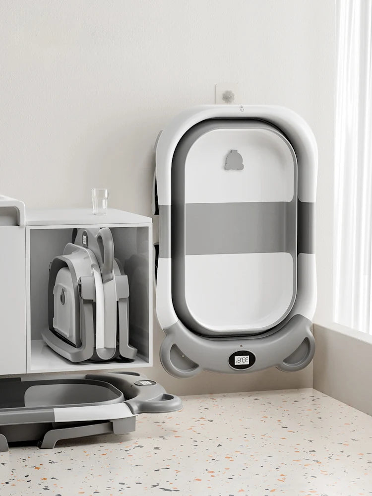 Banheira Dobrável para Bebê com Termômetro – Portátil com Almofada Flutuante Macia e Dreno