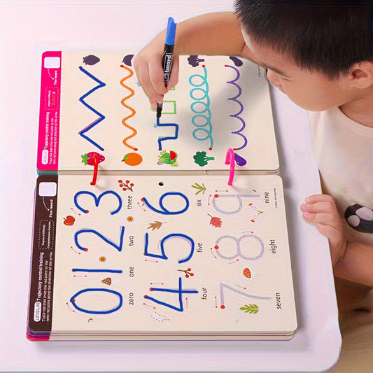 Caderno Mágico Montessori de Caligrafia Infantil – Reutilizável com Caneta Apagável para Escrita e Desenho